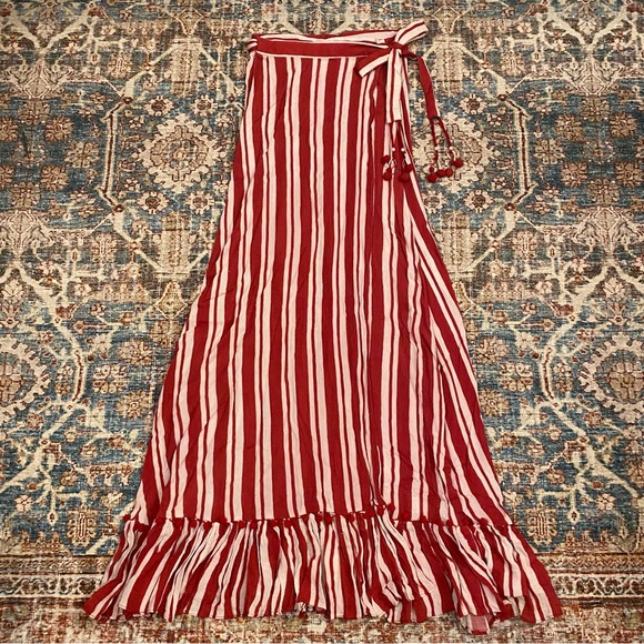 Lovers + Friends | Red/White Stripe Beach Pom Pom Ruffle Maxi Wrap Skirt - Picture 11 of 11